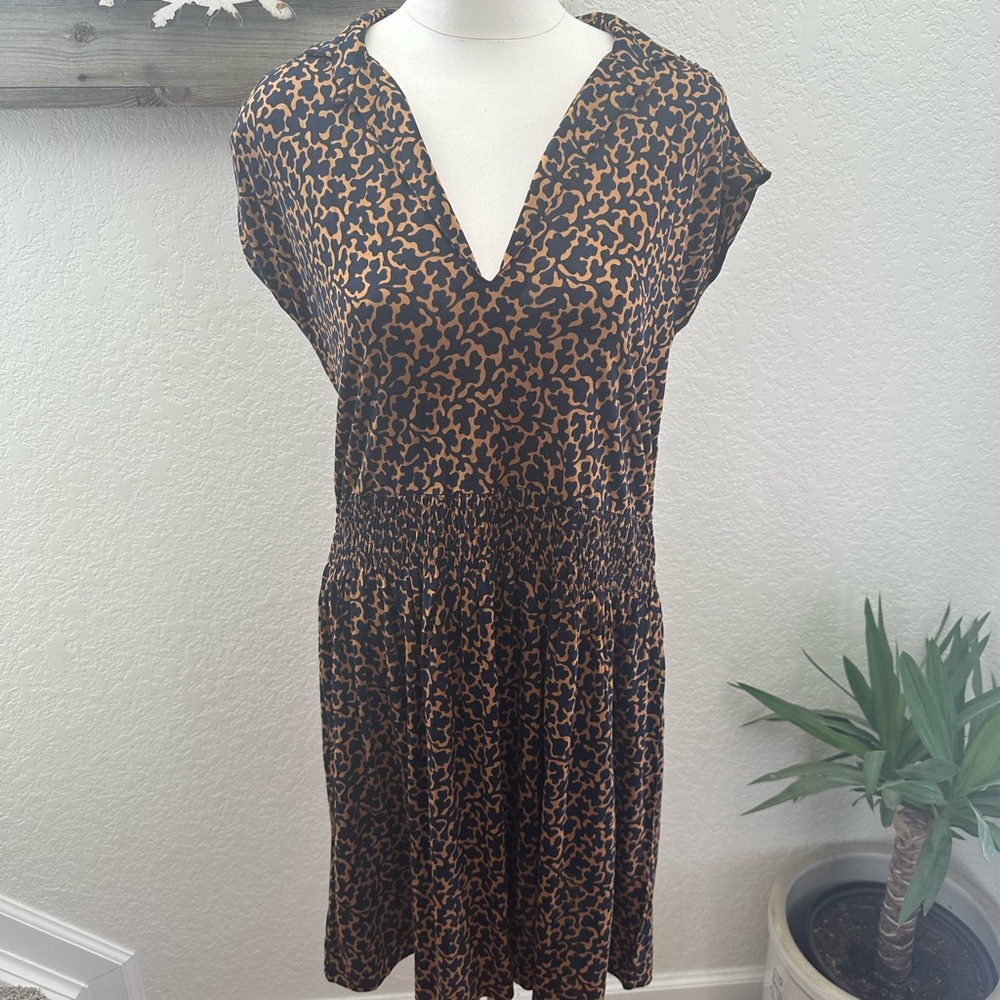 French Connection Navy tan Print V-Neck Dress Silk Wool stretch knit size 10